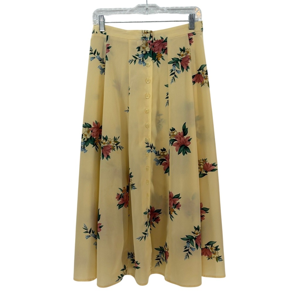 Rafaella Yellow Floral Button Skirt size 8 Cottagecore Vintage Romantic Midi